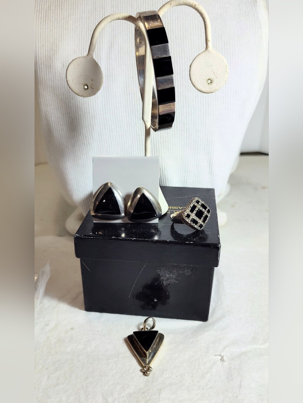 Vintage Black Onyx Triangle Jewelry Set - Sterling,925